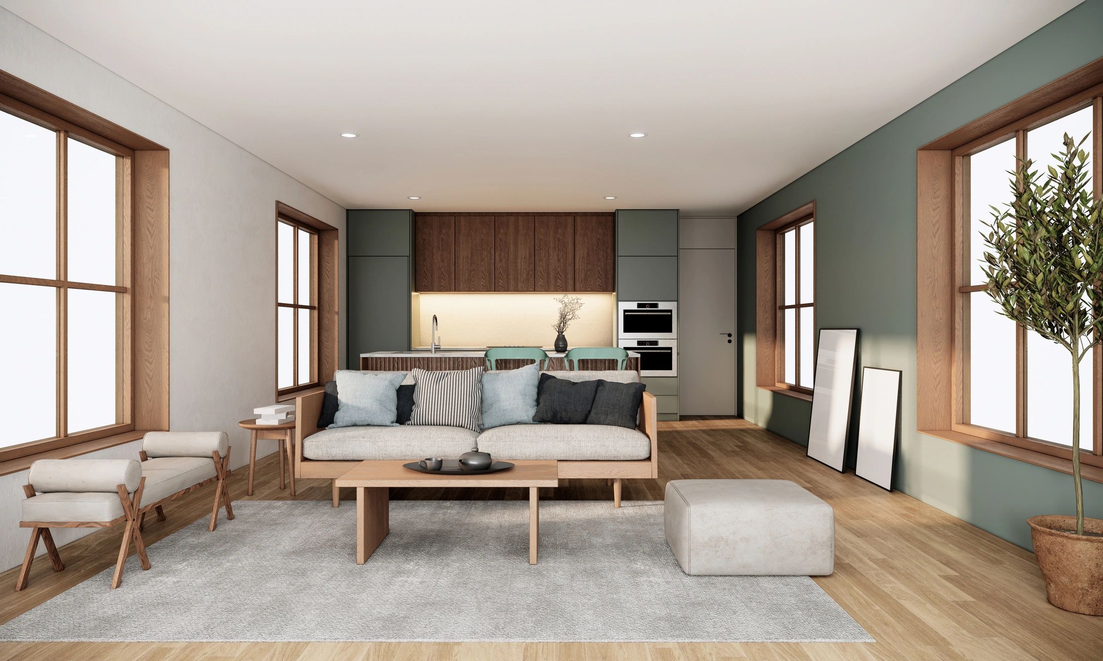 Japandi-style interior with warm wood furniture