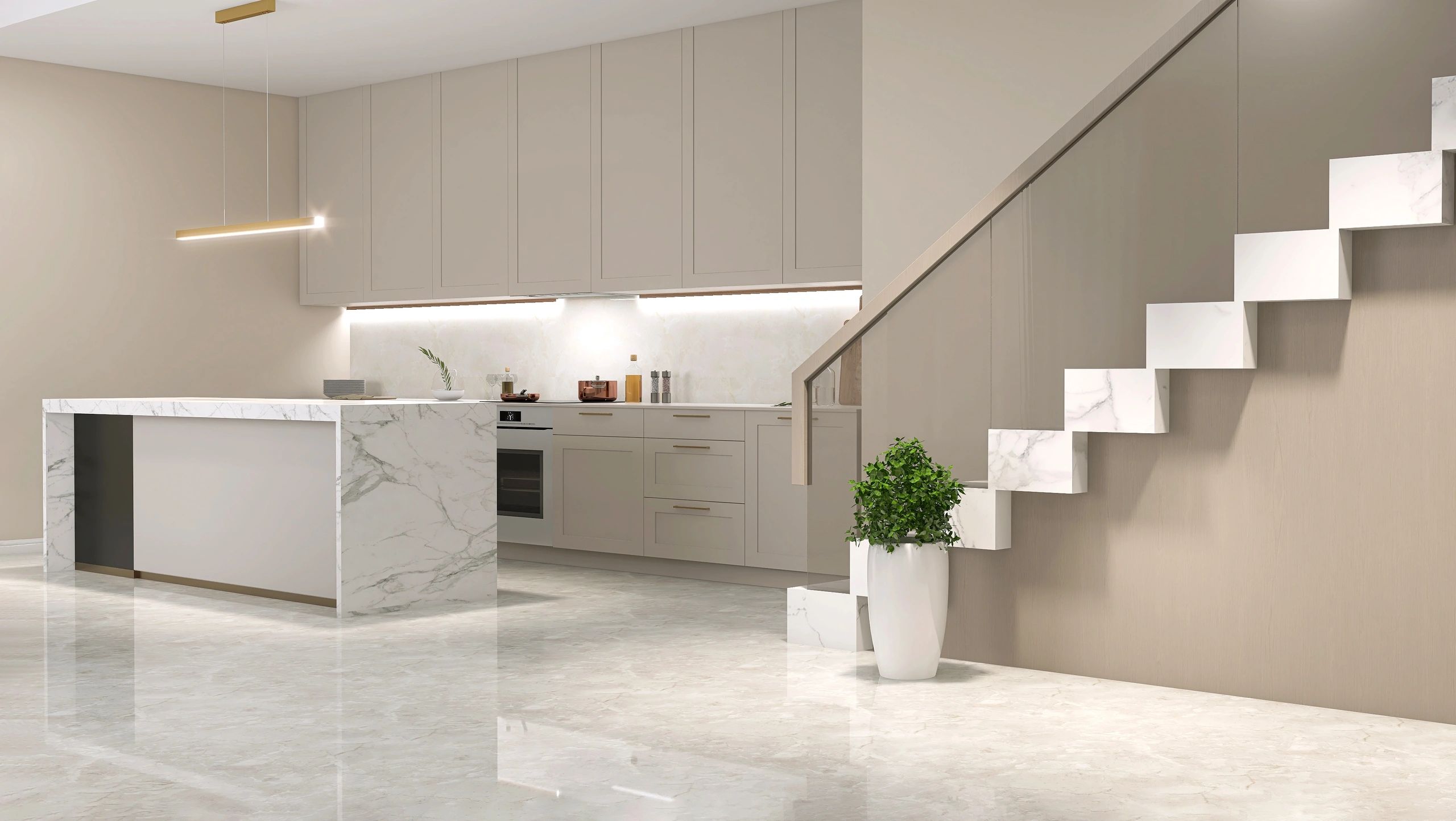 Modern kitchen and living area with cantilever staircase