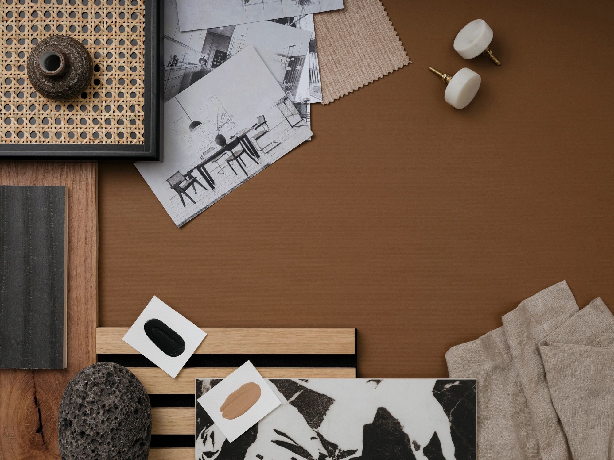 Neutral-toned interior designer moodboard flat lay with samples