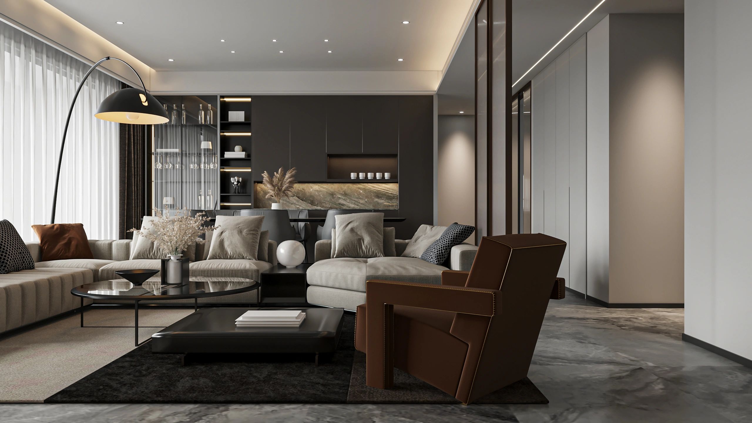 Modern open-plan living room with designer armchair