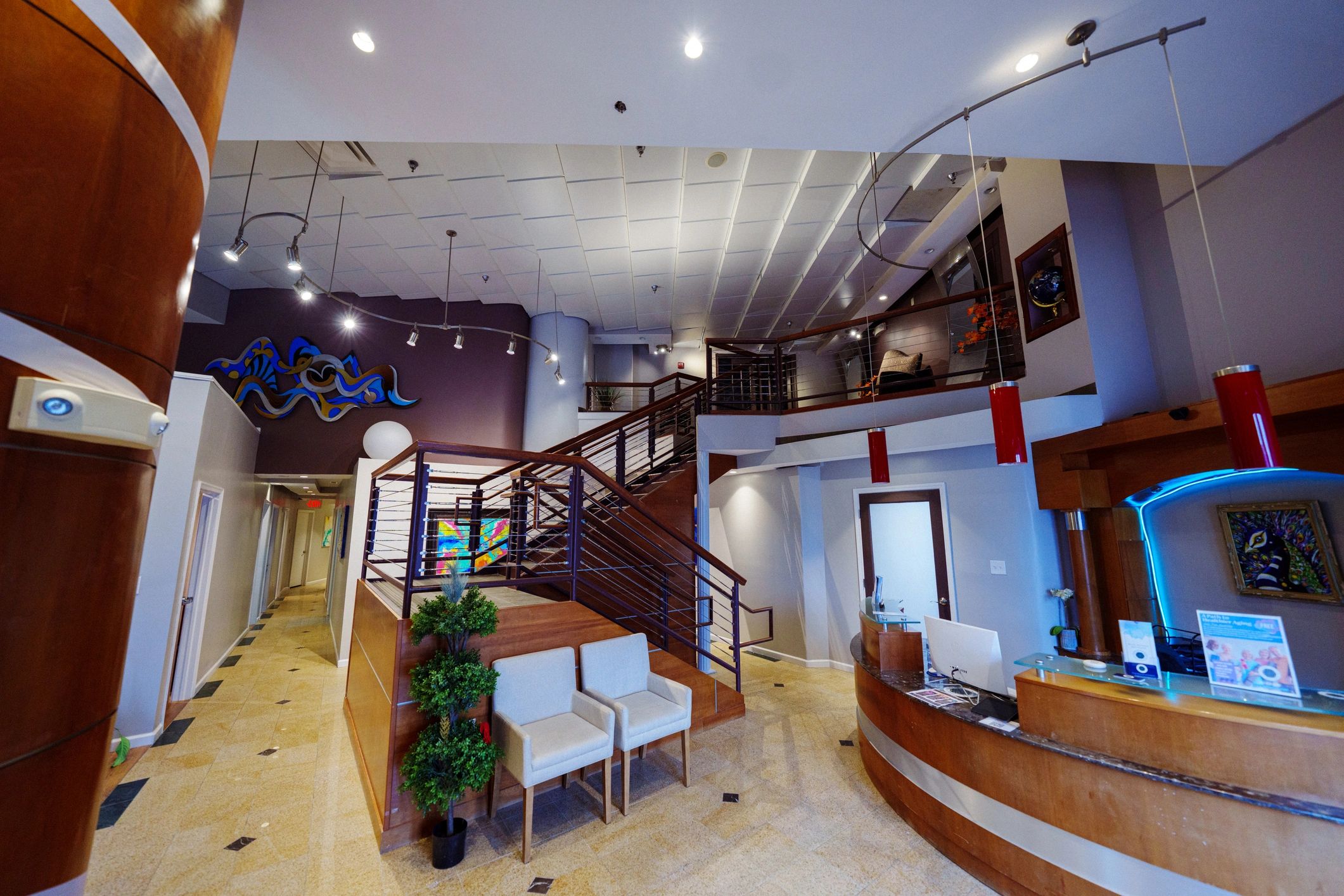 Luxury spa lobby with vaulted ceilings and seating