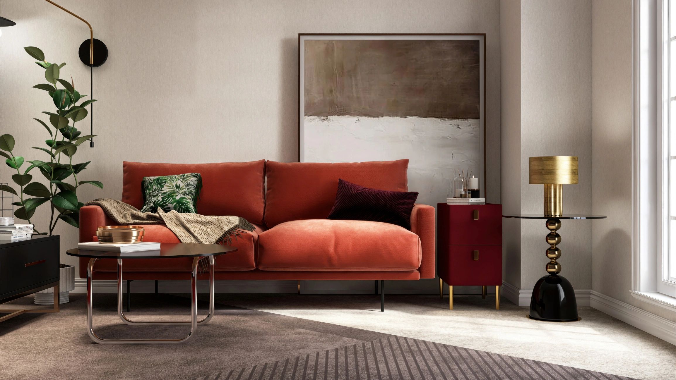 Mid-century inspired living room with orange velvet sofa
