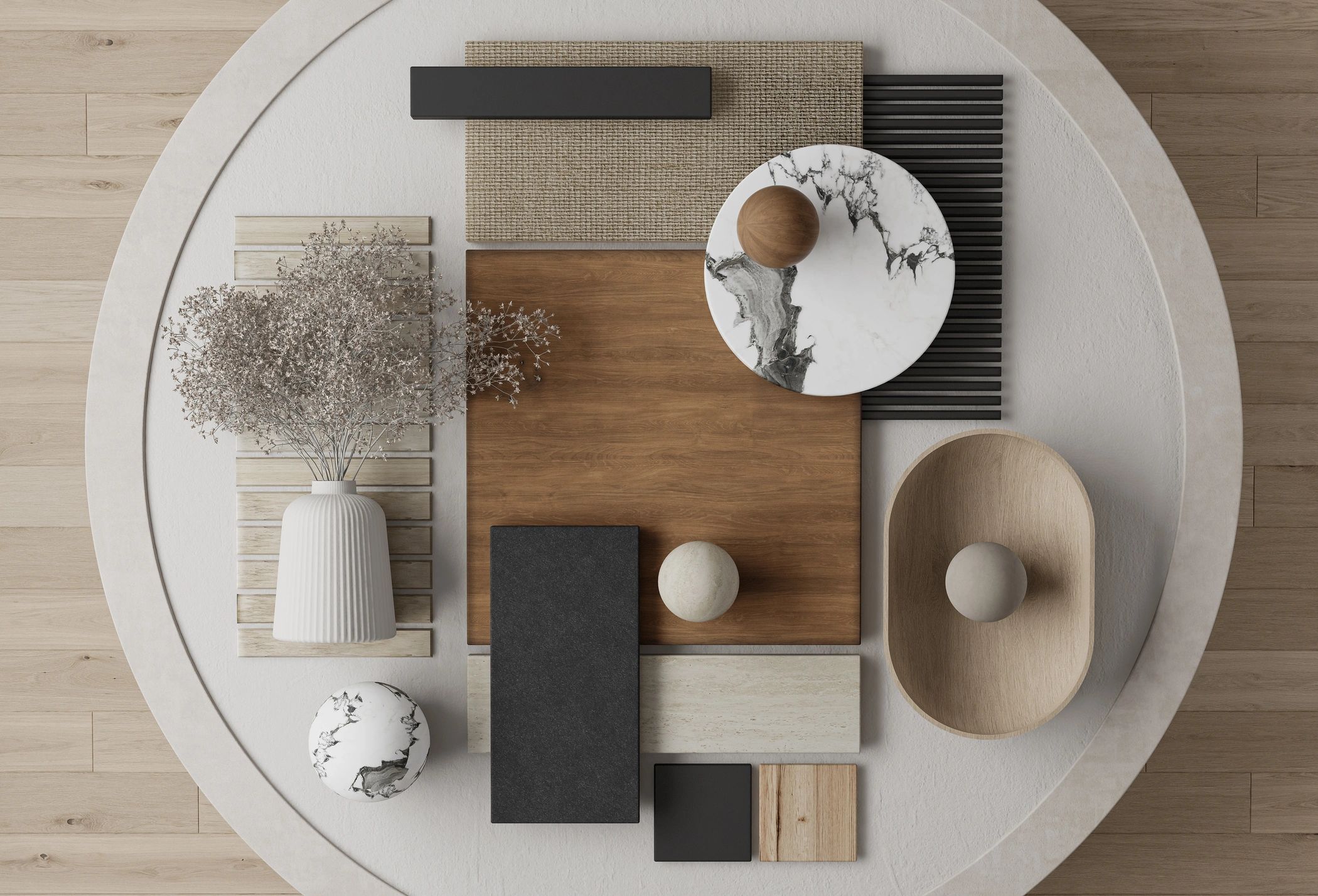 Japandi interior materials and textures moodboard flatlay